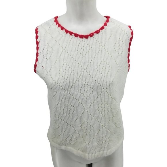 Vintage Nan Dorsey Pullover Sweater Vest Size M Eyelet Knit Crochet White Red - Picture 1 of 11